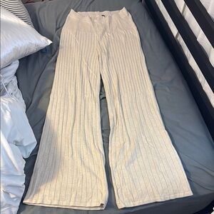 Cream Ribbed Knit Wide-Leg Pants